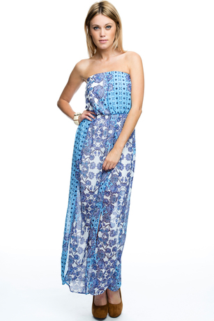  Paisley Floral Strapless Maxi Dress